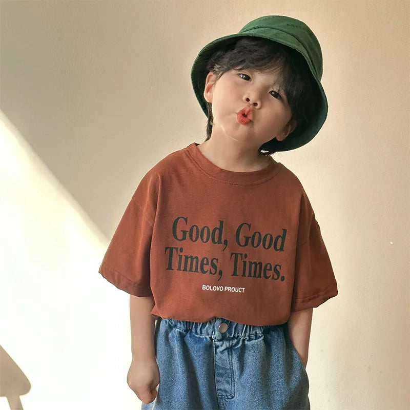kids oversized tshirt , unisex kids top, childrens tshirt, positive quote tshirts for kids, brown tshirt, good times tshirt for boys and girls for baby toddlers and up to 12Y