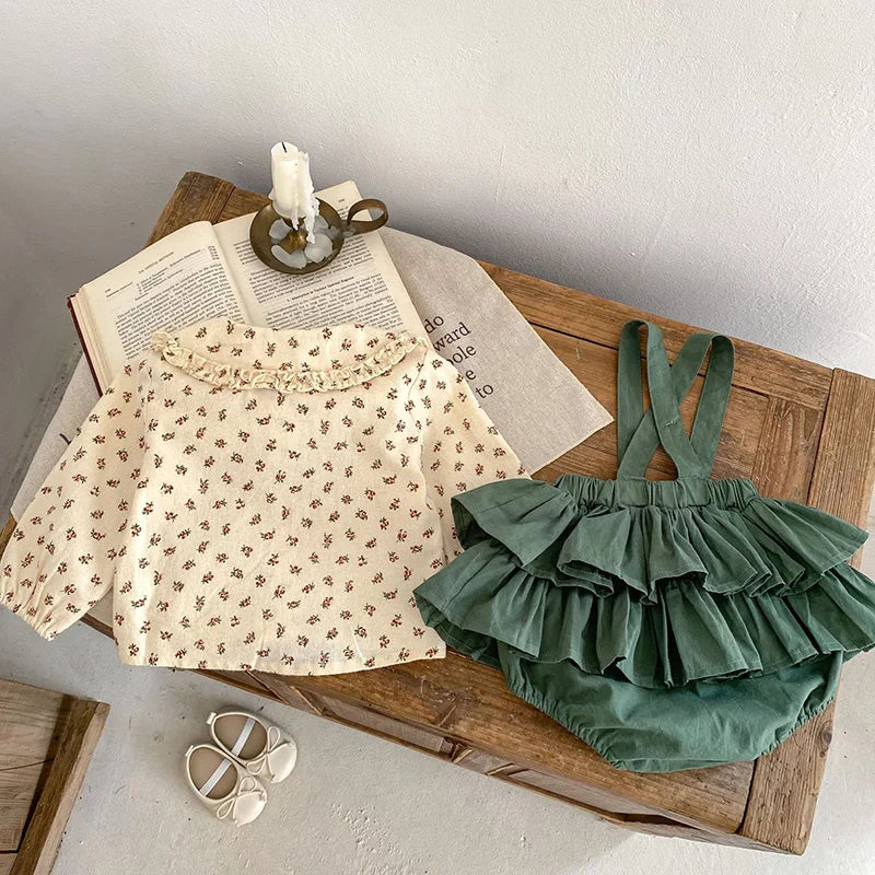 Floral Blouse And Ruffle Green Bloomer Set