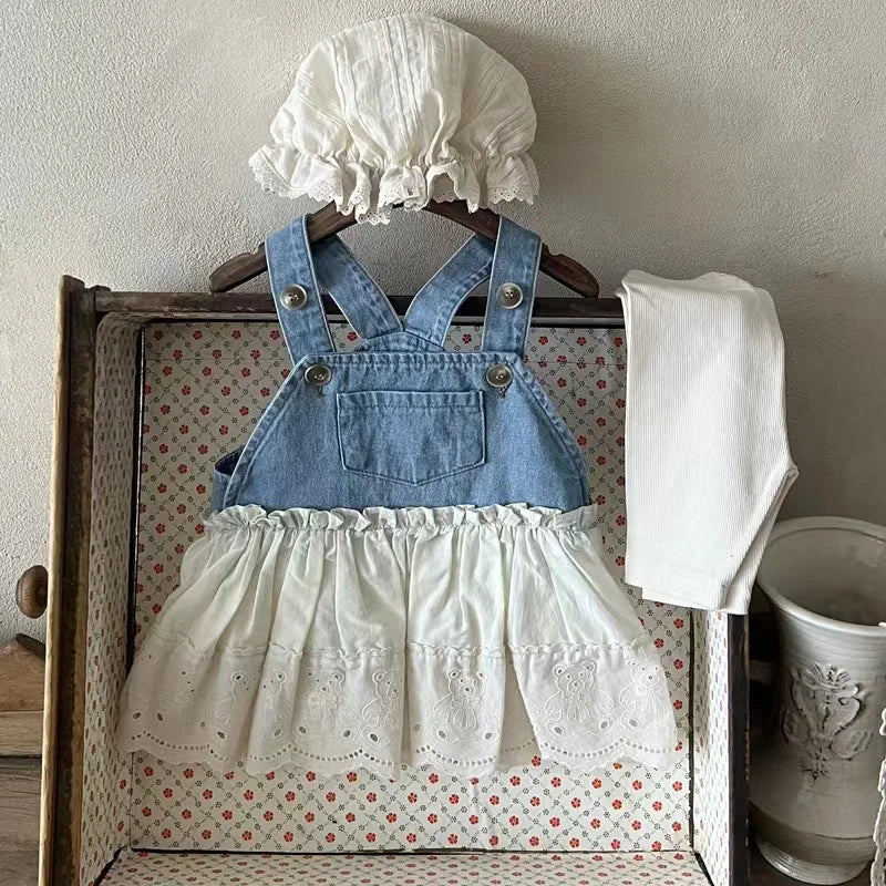 Blue Denim Dungaree Dress With White Lace Skirt - JAC