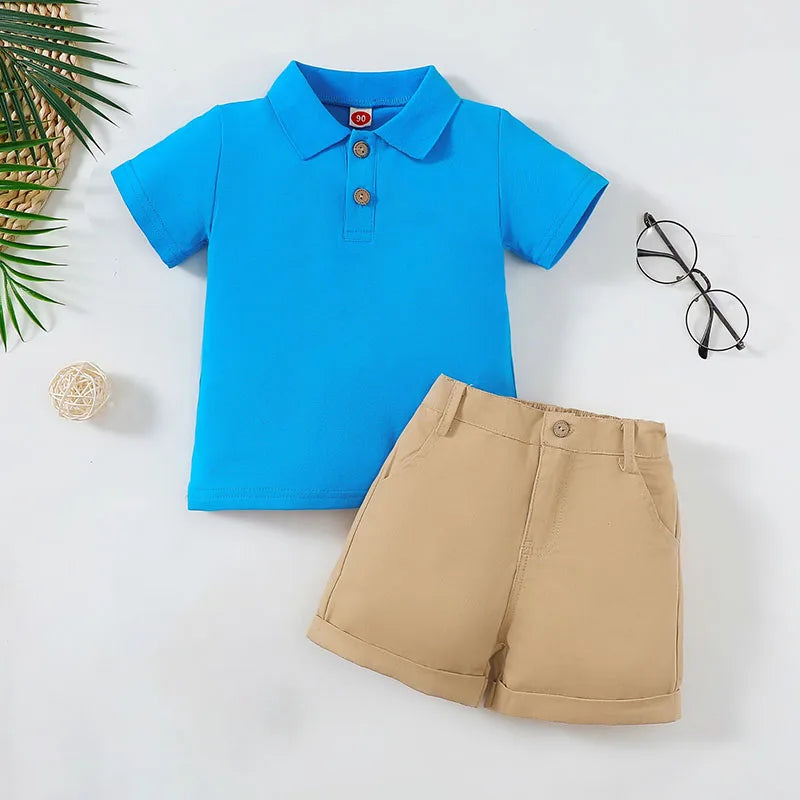 Blue boys short sleeve shirts, boys-white-short-sleeve-shirt-kids-holiday-shirt-shorts-set-2pcs boys polo top and chino shorts