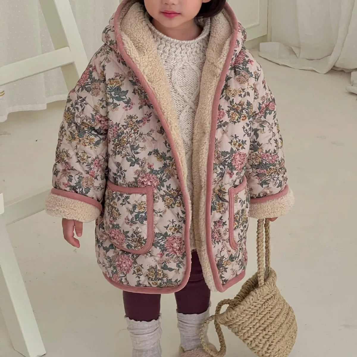 Floral Wool Button Up Hooded Long Coat