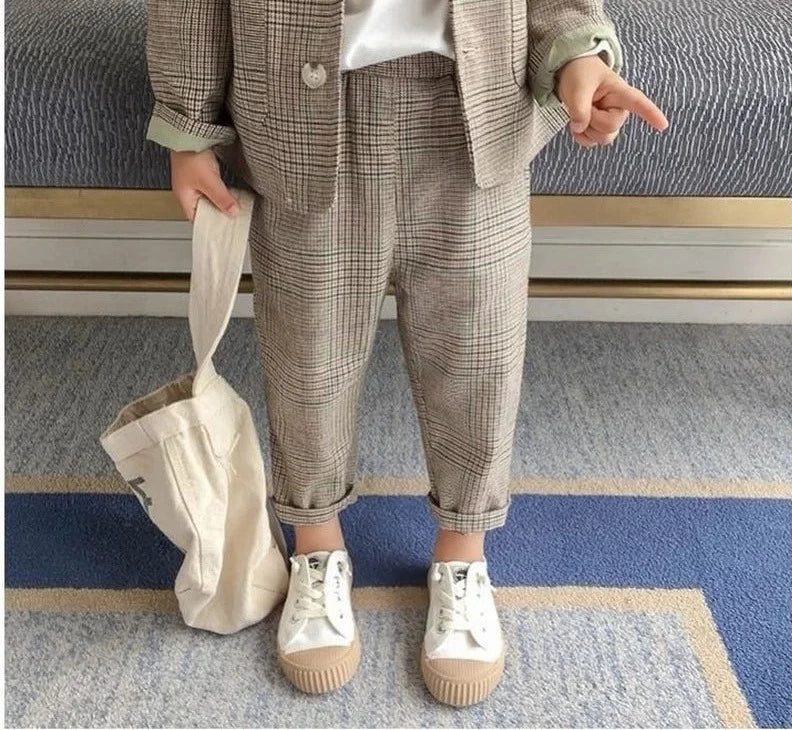 Single Breasted Plaid Blazer & Slim Fit Trousers Suit