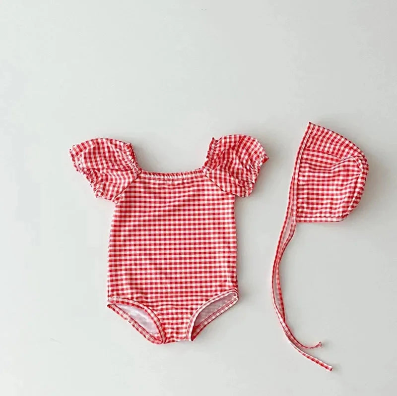baby girl swimsuit, kids swimming costume, baby girl swim hat, kids holiday clothes