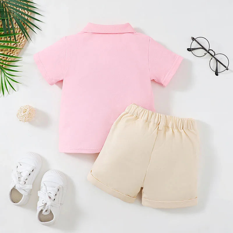 Pink boys short sleeve shirts, boys-white-short-sleeve-shirt-kids-holiday-shirt-shorts-set-2pcs boys polo top and chino shorts