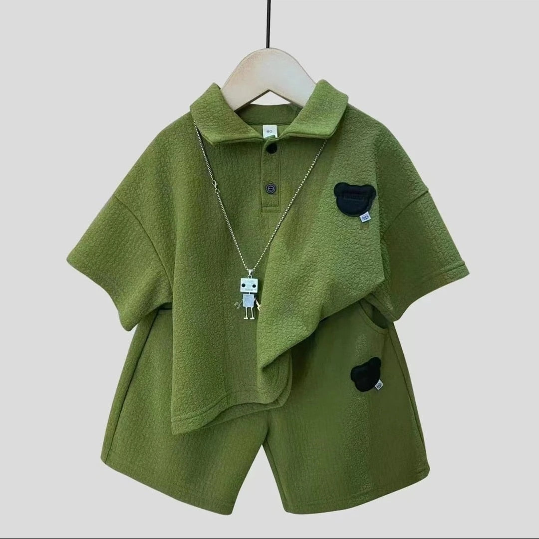 Green Soft Polo Top & Shorts Two Piece Set