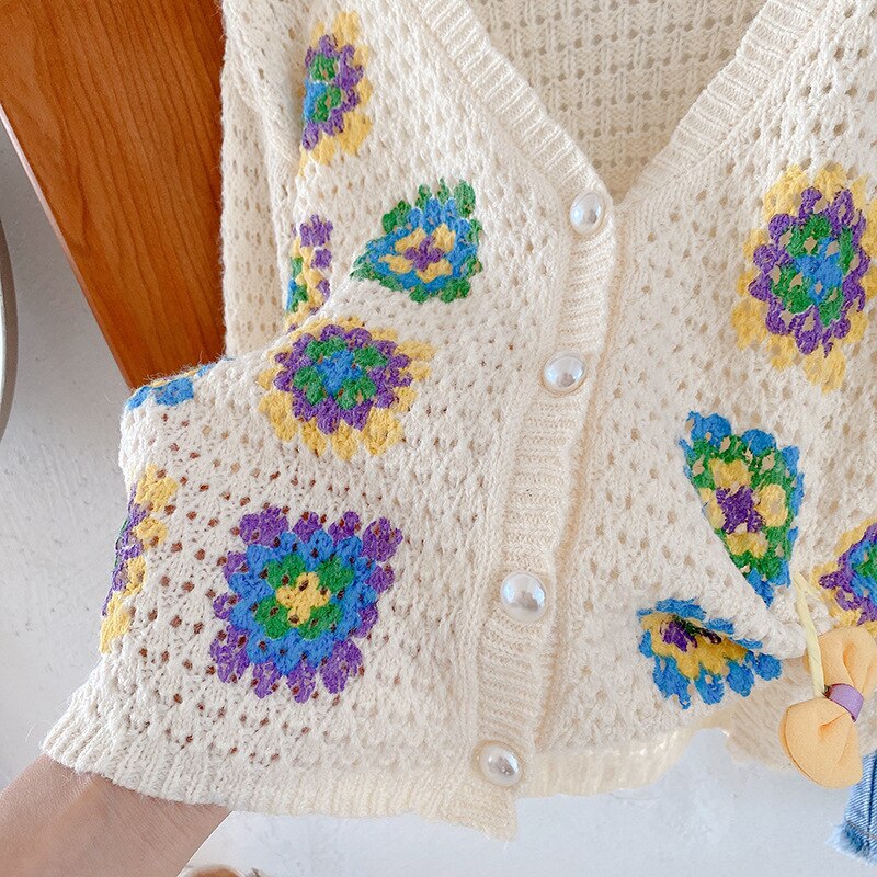 White Hollow Knit Patterned Cardigan