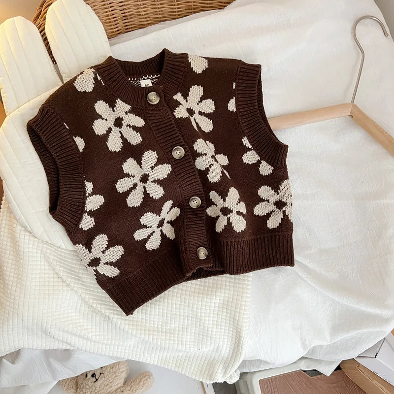 girls knit vest , girls fur vest, toddler flower embroidery top, kids crochet top in white and black, baby and toddler summer vests 