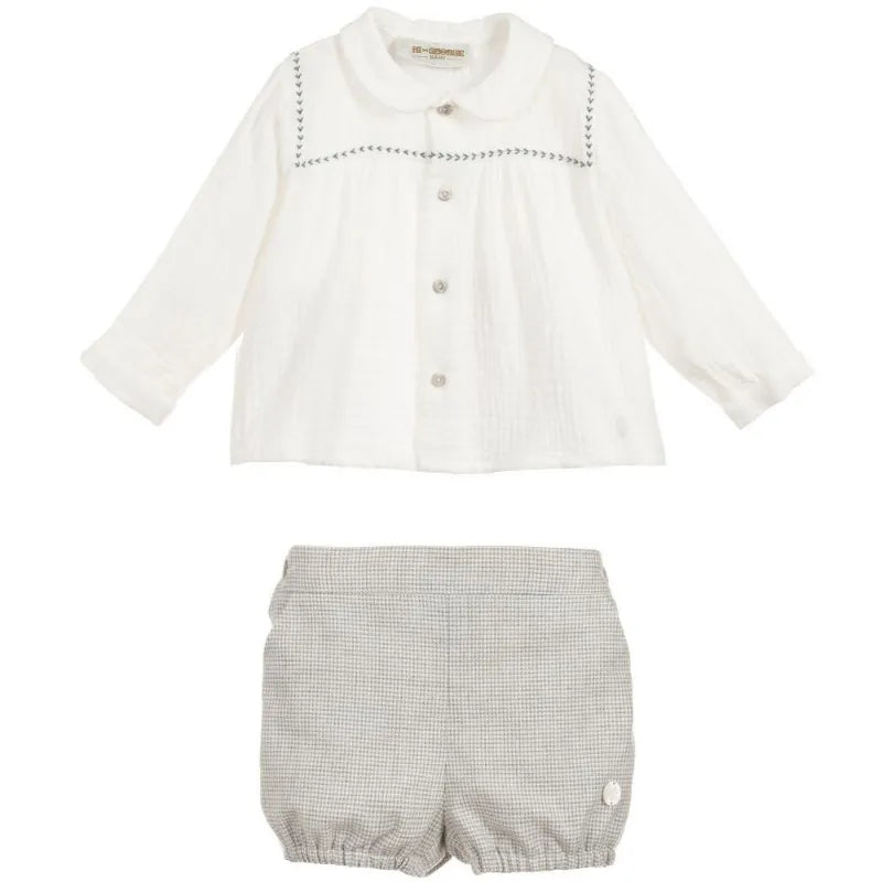 Linen Embroidery Shirt & Lattice Shorts Set