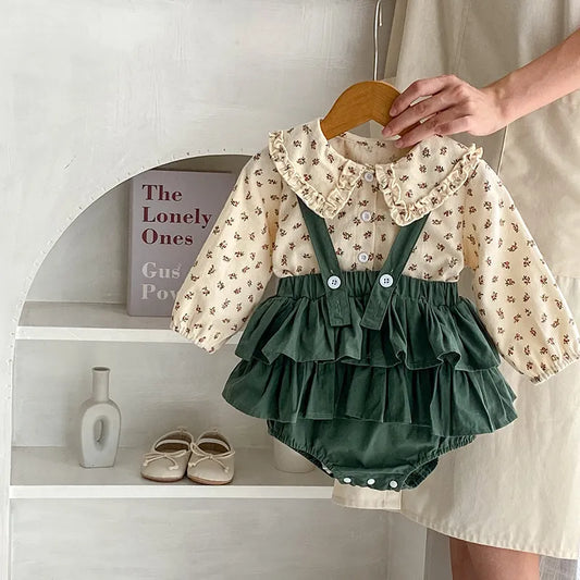 Floral Blouse And Ruffle Green Bloomer Set - JAC