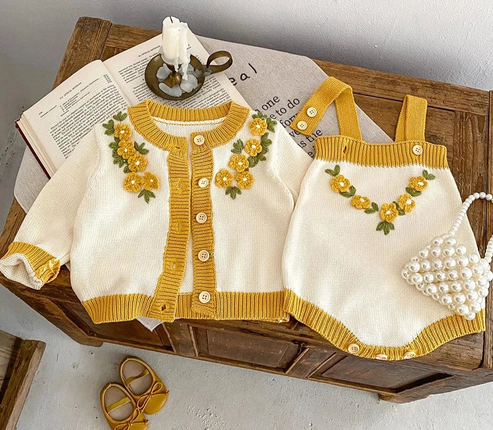 Flower Knit Cardigan & Yellow Sleeveless Romper Two Piece Set