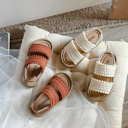 girls sandals , velcro sandals , kids baby and toddler sandals , embroidery sandals , double strap sandals , kids flatform sandals , sandals in colours brown and white 