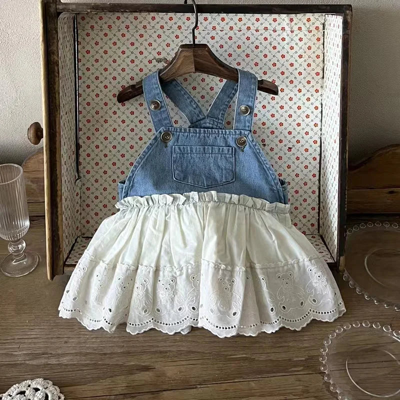 Blue Denim Dungaree Dress With White Lace Skirt - JAC
