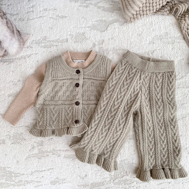 Knitted Cotton Sleeveless Cardigan & Wide Leg Trousers Set