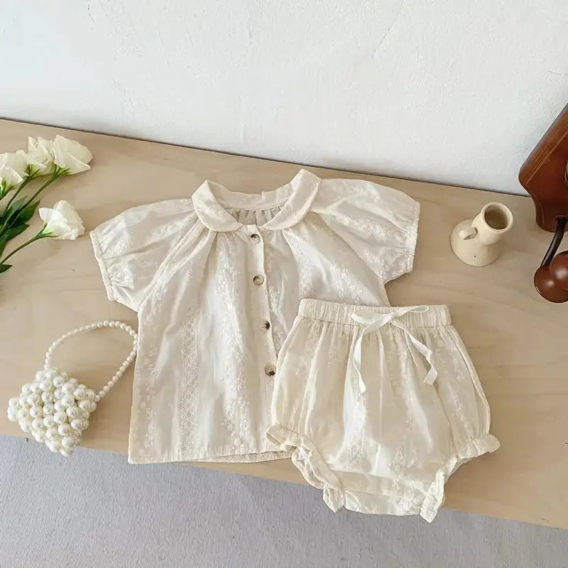 Beige Embroidery Lace Short Sleeve Shirt & Bloomers Two Piece Set - JAC