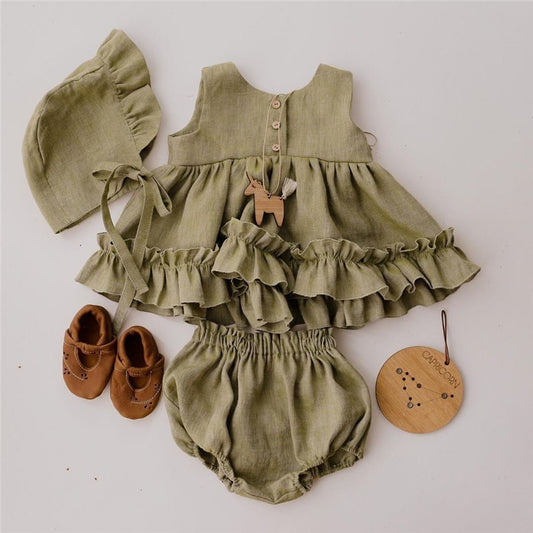 Baby Girls Linen Ruffle Layered Dress & Bloomers Co-ord Matching Set