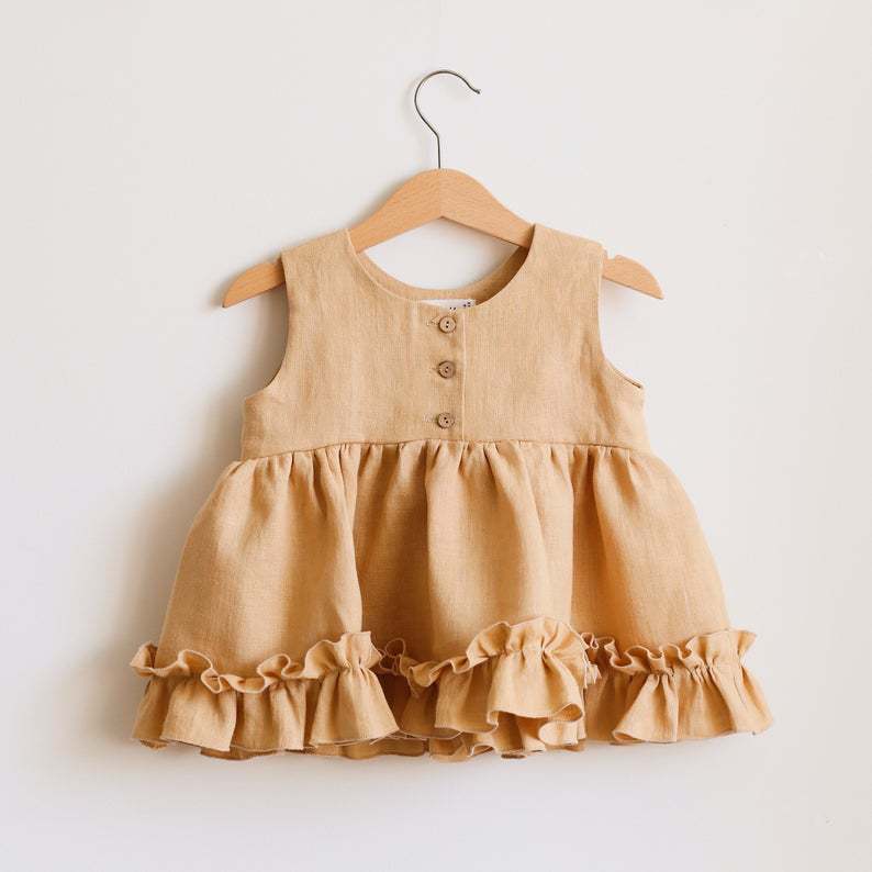 Baby Girls Linen Ruffle Layered Dress & Bloomers Co-ord Matching Set - JAC