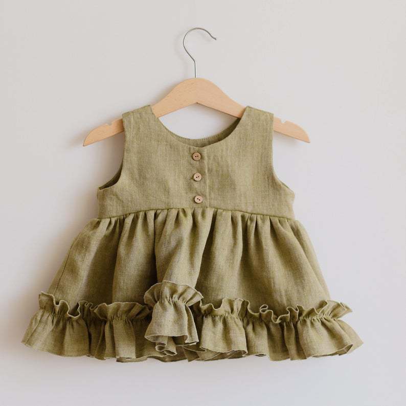 Baby Girls Linen Ruffle Layered Dress & Bloomers Co-ord Matching Set - JAC