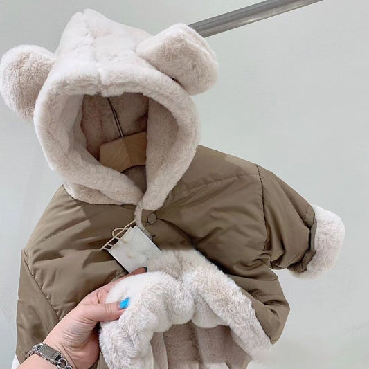 Fur Bear Hooded Button Up Coat