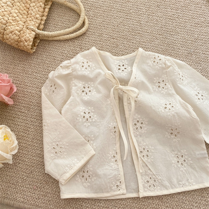 White Hollow Out Embroidery Long Sleeve Cardigan