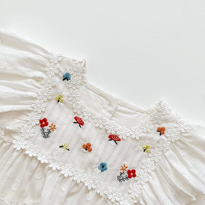 White Embroidery Frill Sleeveless Bodysuit