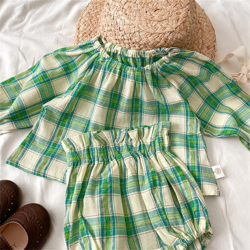 Green Plaid Long Sleeve Top And Bloomer Shorts Two Piece Set