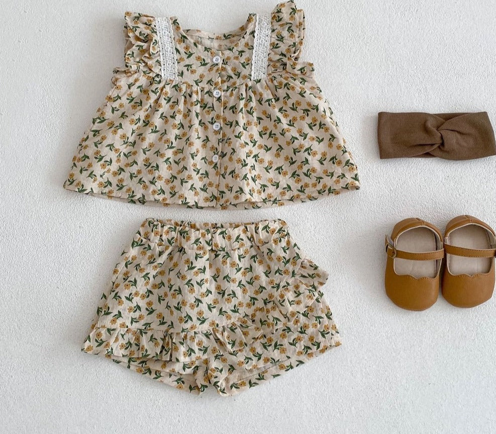 Floral Cotton Lace Blouse & Matching Shorts Two Piece Set