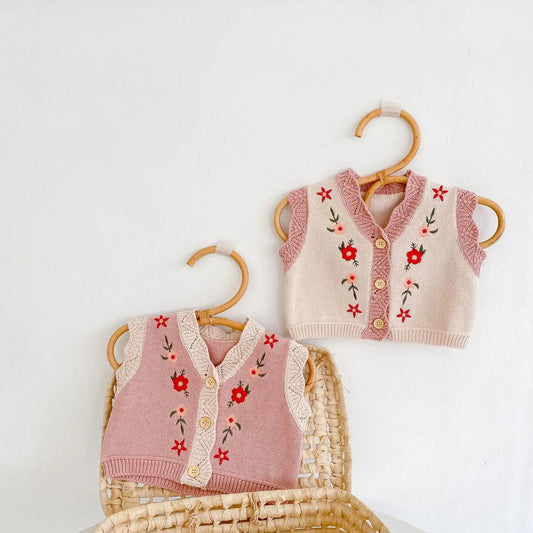 Girls Flower Pink Frilly Knit Sweater Vest - JAC