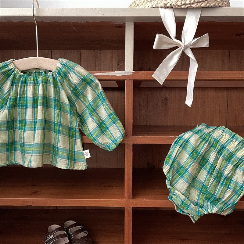 Green Plaid Long Sleeve Top And Bloomer Shorts Two Piece Set