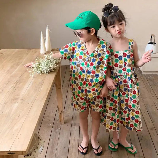 Boys & Girls Matching Flower Shirt Shorts Set & Dress Co-ord Two Piece Set - JAC