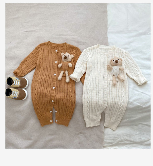 Knit Button Up Full Length Romper With Bear - JAC