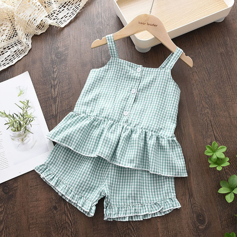Girls Blue Plaid Frilly Vest Top & Shorts Co-ord Two Piece Set