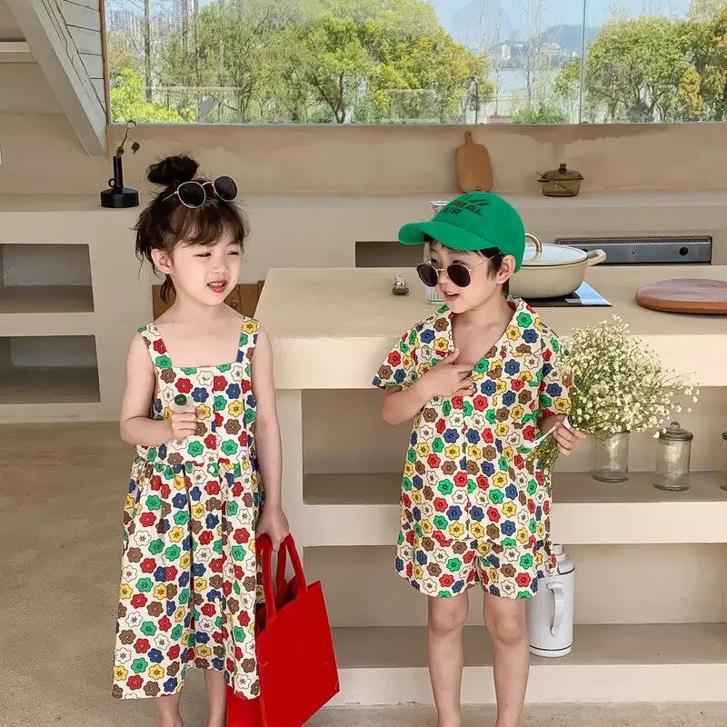 Boys & Girls Matching Flower Shirt Shorts Set & Dress Co-ord Two Piece Set